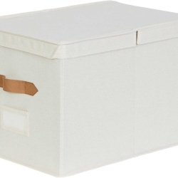 Cutie Depozitare Premium cu Capac XL Bej, Organizator Haine și Lenjerii din Țesătură de In, Mânere din Piele Ecologică, Structură Ranforsată cu Lemn, Fereastră Etichetă, 50 x 33 x 32 cm
