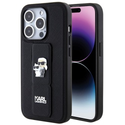 Husa MagSafe pentru Apple iPhone 14 Pro, Karl Lagerfeld, Saffiano Gripstand Karl & Choupette, Neagra