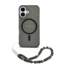 Husa MagSafe pentru Apple iPhone 16, Guess, IML Glitter with Pearl Strap, Neagra