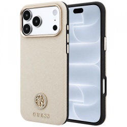 Husa MagSafe pentru Apple iPhone 18 Pro / 17 Pro, Guess, Grained Round Strass Logo, Bej