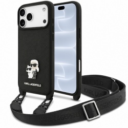 Husa pentru Apple iPhone 18 Pro / 17 Pro, Karl Lagerfeld, Saffiano Crossbody Metal Pin Karl & Choupette, Neagra