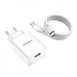 Incarcator de perete Vipfan E03, 1x USB, 18W, QC 3.0 + cablu USB-C (alb)