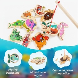 Joc de Pescuit Magnetic din Lemn Montessori, Puzzle 14 Piese cu Tablă Suport și Undiță Magnetică, Peștișori Colorati cu Litere în Engleză, Jucărie Educativă de Dexteritate pentru Copii 3+ Ani - Img 6