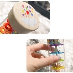 Jucarie senzoriala muzicala Montessori tip Rainmaker / Rain Stick, din lemn, zornaitoare sunet de ploaie, pentru bebelusi si copii mici 6-12 luni+, 19.5 cm (7.7 inch), Multicolor - Img 2
