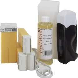 Kit complet epilare cu ceară de unică folosință Epilwax: încălzitor ceară roll-on, 4 rezerve ceară albă, 100 benzi epilare și ulei după epilat