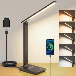Lampă Birou LED Reglabilă și Pliabilă, Port Încărcare USB-A (5V/1A), Control Tactil, 5 Temperaturi de Culoare (3000K-6000K) și 5 Trepte Luminozitate, Lumină Fără Pâlpâire (Flicker-Free), Clasa Energetică A, pentru Birou, Citit și Noptieră