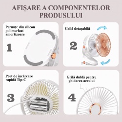 Mini Ventilator Typec Home Portabil cu Clemă și Lumină LED, Reîncărcabil USB, 5 Trepte de Viteză, Rotație 360°, pentru Birou, Casă și Noptieră, Alb - Img 5
