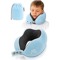 Perna de calatorie pentru copii FLOWZOOM Comfy, spuma cu memorie, husa moale detasabila si lavabila, pentru masina si avion, varsta 6+ ani, marimea M, Albastru