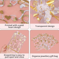 Set 100 Săculeți din Organza Transparentă cu Inimioare Aurii, Șnur Textil, 10 x 15 cm (4x6 Inch), pentru Mărturii Nuntă, Botez, Bijuterii, Cadouri și Cosmetice - Img 3