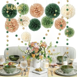 Set 15 Decorațiuni pentru Petrecere , Flori din Hârtie de TissU și Ghirlande cu Buline, Tematică Verde Smarald, Auriu și Maro, Pentru Baby Shower, Nuntă și Aniversări - Img 5