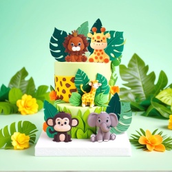 Set 16 Toppere Tort Tematică Junglă / Safari Sage Green, Figurine Animale (Leu, Elefant, Maimuță, Girafă) și Frunze Tropicale, Decorațiuni Tort pentru Petrecere Copii, Botez și Baby Shower - Img 6