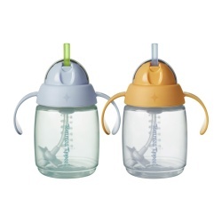 Set 2 căni cu pai din silicon Tommee Tippee Trainer Straw Cup, 6 luni+, 230 ml, mânere detașabile ergonomice, anti-curgere, Albastru