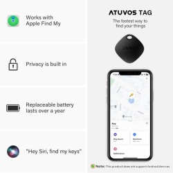 Set 2 Dispozitive de Urmărire Inteligente ATUVOS Smart Tracker Bluetooth, Compatibile cu Rețeaua Apple Find My (Unde este? - Doar iOS), Baterie Înlocuibilă CR2032 Inclusă, Difuzor Puternic 80–100 dB, Rezistență la Apă IP67, Fără Abonament, Negru - Img 6