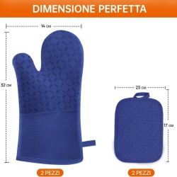Set 4 Piese Mănuși de Bucătărie și Suporturi pentru Oale, Rezistente la Temperaturi Înalte (Până la 300°C / 572°F), Lungime Extinsă 32 cm, Silicon Anti-Alunecare, Albastru - Img 3