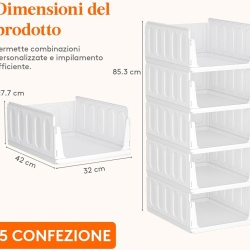 Set 5 Cutii Modulare de Depozitare cu Sertar Lifewit, Capacitate 24L per Unitate, Sistem Suprapozabil Anti-Cădere, Organizator Haine și Dressing, Alb - Img 9