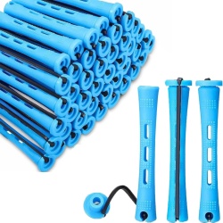 Set 60 Bigudiuri Subțiri pentru Păr Fără Căldură Ø 9 mm (0.35 Inch), Lungime 6 cm, Bigudiuri Tip Permanent din Plastic cu Orificii de Aerisire, Capac și Bandă Elastică, Ondulare la Rece Păr Scurt, Mediu și Lung
