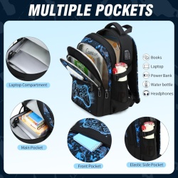 Set Ghiozdan Școlar Gamer 3 Piese cu Efect Fosforescent Glow-in-the-Dark, Ghiozdan Ergonomic și Impermeabil 25 L pentru Laptop 15.6", Penar Inclus, pentru Copii și Adolescenți 6-12 Ani, Albastru - Img 5