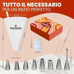 Set poș reutilizabil pentru decorat torturi și prăjituri (11 piese), sac din bumbac 35 cm, duiuri/șprițuri din inox, adaptor și cutie cadou - Img 7