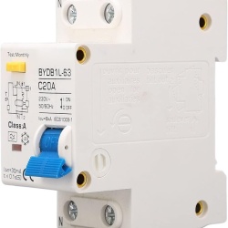 Siguranta automata diferentiala RCBO 20A Tip A, 30mA, 230V, BYDB1L-63, montaj pe sina DIN, protectie la suprasarcina si scurtcircuit, carcasa ignifuga PA66