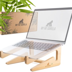 Suport Ergonomic pentru Laptop din Bambus Natural MY FAT GORILLA, Înălțător Birou Anti-Supraîncălzire cu Picioare Anti-Alunecare, Compatibil MacBook și Laptopuri 10 - 15 Inch, Maro Deschis