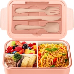 Caserolă Alimentară Bento 1400 ml, 3 Compartimente Detașabile, Set Tacâmuri Inclus, Etanșare Antiscurgere, Compatibilă cu Microunde și Mașina de Spălat Vase, Roz