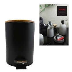 Coș de Gunoi cu Pedală pentru Baie Spirella ADONIS (Capacitate 3 L), Oțel Inoxidabil Negru Mat, Capac din Lemn de Bambus cu Închidere Lentă Easy-Close, Recipient Interior Detașabil, Ø 17 x 22.5 cm - Img 2