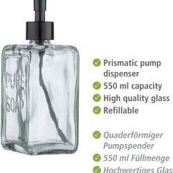 Dozator Reîncărcabil de Săpun Lichid din Sticlă Masivă 550 ml, Formă Cubică cu Muchii Verticale, Pompă Neagră Mată, Inscripție Pure Soap, pentru Baie și Bucătărie - Img 9