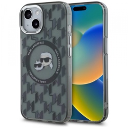 Husa MagSafe pentru Apple iPhone 15 Plus, Karl Lagerfeld, IML Monogram Karl & Choupette's Heads, Neagra