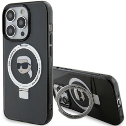 Husa MagSafe pentru Apple iPhone 15 Pro, Karl Lagerfeld, Ring Stand Karl's Head, Neagra