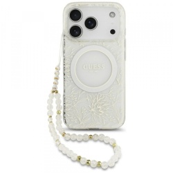 Husa MagSafe pentru Apple iPhone 18 Pro Max / 17 Pro Max, Guess, IML Flowers Electroplated with Pearl Strap, Alba