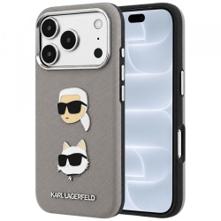 Husa pentru Apple iPhone 18 Pro / 17 Pro, Karl Lagerfeld, Saffiano with Karl & Choupette Head's Pin and Logo, Gri