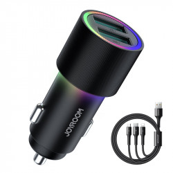 Incarcator auto Joyroom 2 x USB cu iluminare 24W + cablu de alimentare 3in1 USB Type C / micro USB / Lightning 1.2m negru (JR-CL10)