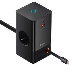 Incarcator retea Baseus PowerCombo Digital PowerStrip, 2 prize AC, 1x USB-C, 1x USB-A, cablu retractabil USB-C, 65W, lungime cablu 1.5m, Negru