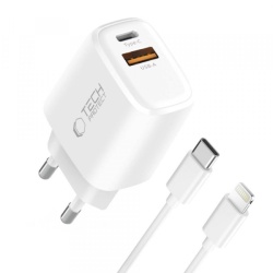 Incarcator Retea Cu Cablu Lightning Tech-Protect NCA20, 20W, 3A, 1 x USB-A - 1 x USB-C, Alb
