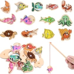 Joc de Pescuit Magnetic din Lemn Montessori, Puzzle 14 Piese cu Tablă Suport și Undiță Magnetică, Peștișori Colorati cu Litere în Engleză, Jucărie Educativă de Dexteritate pentru Copii 3+ Ani