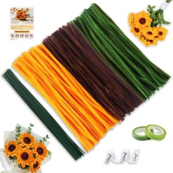 Kit Creativ DIY Buchet de Floarea-Soarelui, 300 Sârme Plușate Groase de 8 mm, Tulpini Florale, Benzi Adezive și Panglică Cadou