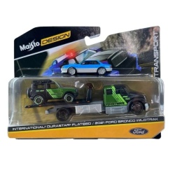 MAISTO DESIGN ELITE TRANSPORT SET CAMION CU RAMPA INTERNATIONAL DURASTAR FLATBED SI MASINUTA FORD BRONCO WILDTRAK 2021 SCARA 1 LA 64