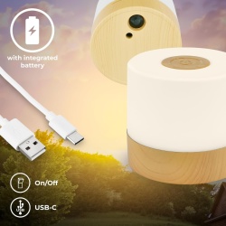 Mini Lampă LED de Masă Wireless IP44 cu Control Touch, Reglaj în 3 Trepte, Acumulator Reîncărcabil, USB-C, Aspect Lemn, 7 x 7 cm, Clasa G - Img 4
