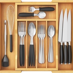 Organizator Extensibil pentru Sertarul de Tacâmuri Typec cu Finisaj Efect Lemn, Tavă Multifuncțională pentru Ustensile de Bucătărie, Dimensiuni Ajustabile 22.7 – 38 cm