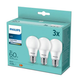 Pachet 3 becuri LED Philips, A60, E27, 8W (60W), 806 lm, lumina alba rece (4000K)