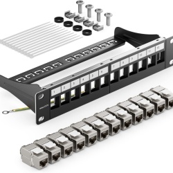 Panou Patch Modular de 12 Porturi deleyCON, 1U, Rack 10 Inch + 12 Bucăți Module Keystone RJ45 CAT6a, Negru