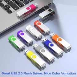 Set 10 stick-uri de memorie USB 2.0 de 2GB, memorie flash portabilă cu șnururi de gât incluse, carcasă pivotantă metalică 360°, Negru - Img 2