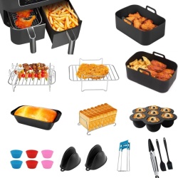 Set 12 Accesorii pentru Air Fryer Dual 7.6L - 9.5L (Compatibil Ninja DZ400UK, Tower, Keplin, Instant Vortex), Forme Silicon, Grătare, Tavă Pâine și Ustensile
