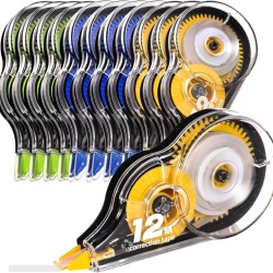 Set 12 Benzi Corectoare Typec Tip Șoricel, Bandă PET 12 m x 5 mm (Total 144 m), Corectare Uscată Imediată Fără Timp de Așteptare, Carcasă Ergonomică Tricoloră (Galben, Albastru, Verde), Rechizite Școală și Birou