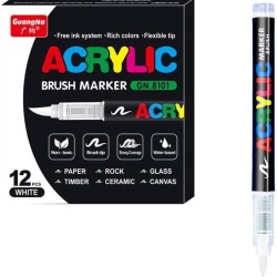 Set 12 markere acrilice albe cu cerneală lichidă, vârf tip pensulă flexibil (soft head), fără pompare, pentru desen, graffiti, piatră, sticlă și ceramică