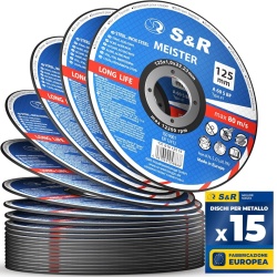 Set 15 Discuri Debitare Metal și Inox S&R 125 mm, Ultra-Subțiri 1.0 mm, Alezaj 22.23 mm, Ranforsare Dublă Fibră de Sticlă, pentru Polizor Unghiular