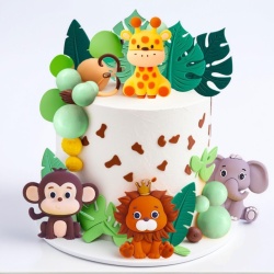 Set 16 Toppere Tort Tematică Junglă / Safari Sage Green, Figurine Animale (Leu, Elefant, Maimuță, Girafă) și Frunze Tropicale, Decorațiuni Tort pentru Petrecere Copii, Botez și Baby Shower - Img 3