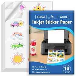 Set 18 Coli Hârtie Autocolantă Foto A4 pentru Imprimantă, Alb Lucios (Glossy), Rezistentă la Apă, Hârtie Autoadezivă pentru Etichete Personalizate, Autocolante și Scrapbooking