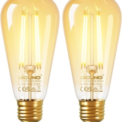 Set 2 Becuri LED Vintage Edison E27 DiCUNO Clasa B 2.5W (Echivalent 40W), 480 lm, Lumină Caldă 2700K, Sticlă Chihlimbar ST58 / ST18