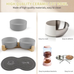 Set 2 Boluri din Ceramică pentru Pisici și Căței cu Suport din Lemn de Bambus, Capacitate 2 x 400 ml, Poziție Ergonomică Anti-Reflux, Gri - Img 2